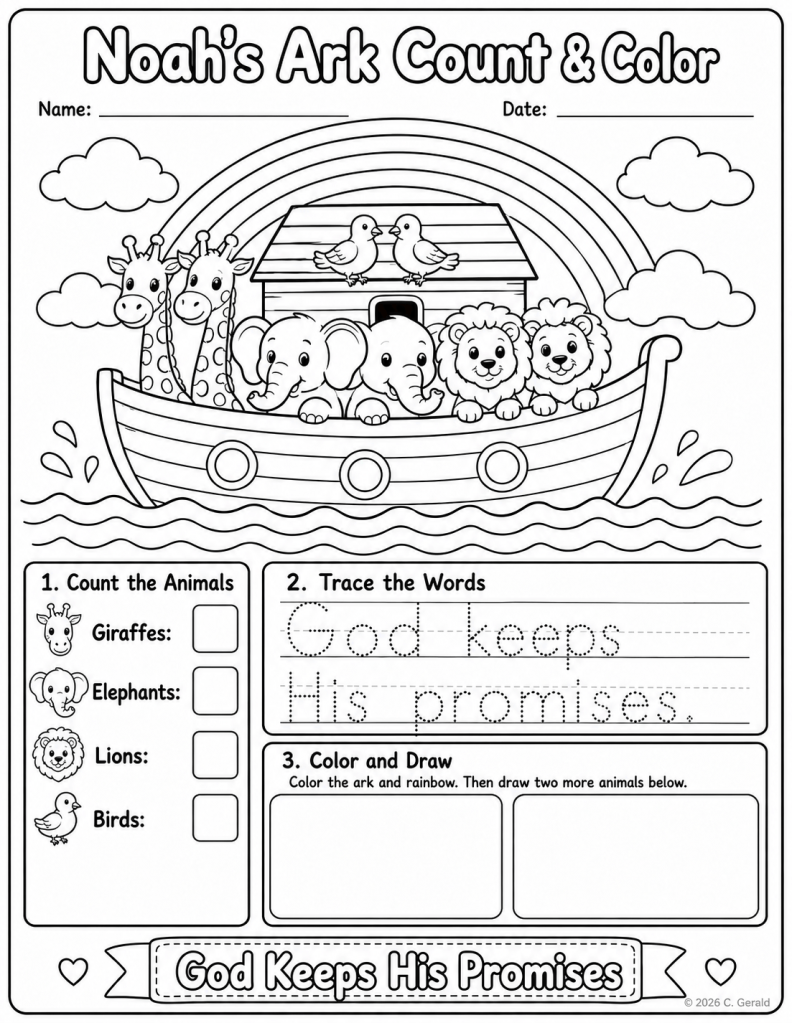 Noah’s Ark Count and Color Christian&nbsp;Worksheet