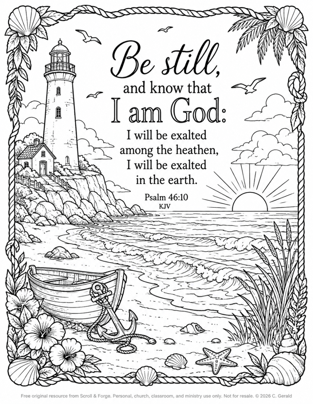 Be Still Coastal Lighthouse Christian Coloring Page