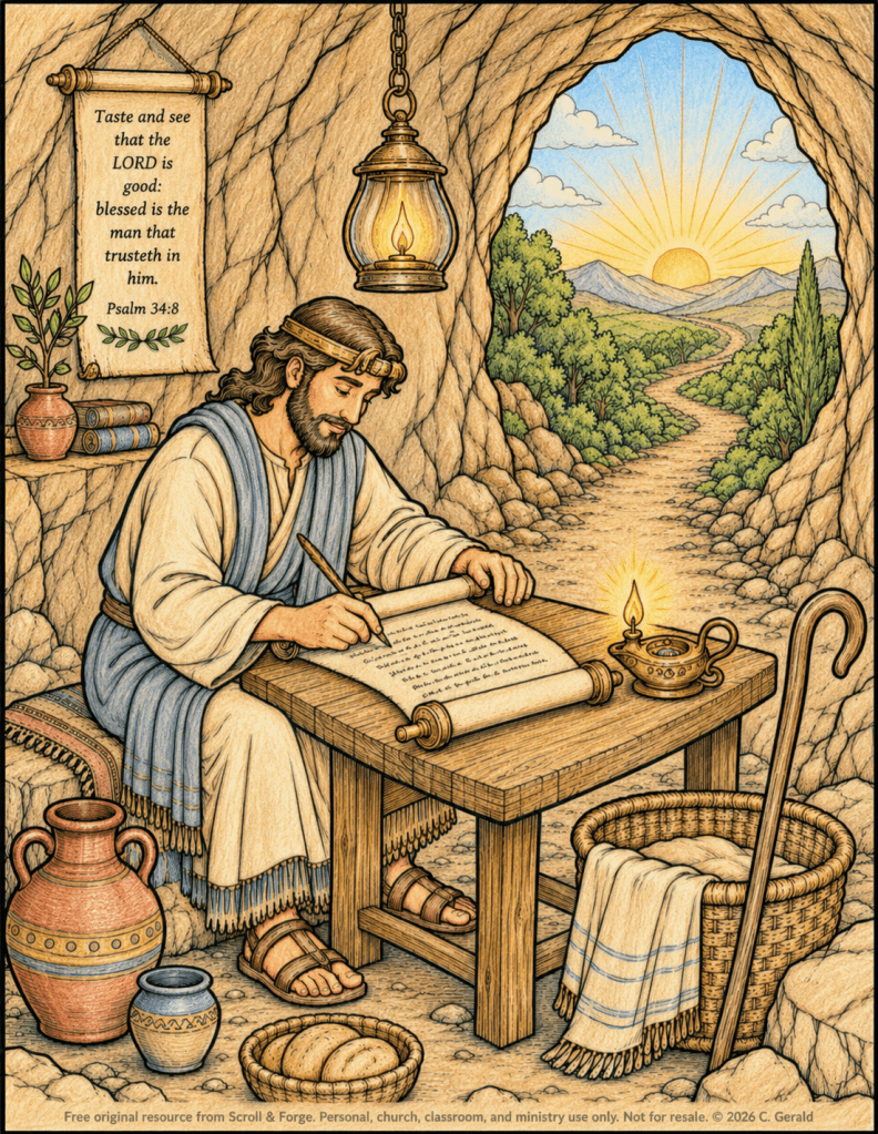David Writing Psalm 34 In The Cave Coloring&nbsp;Page