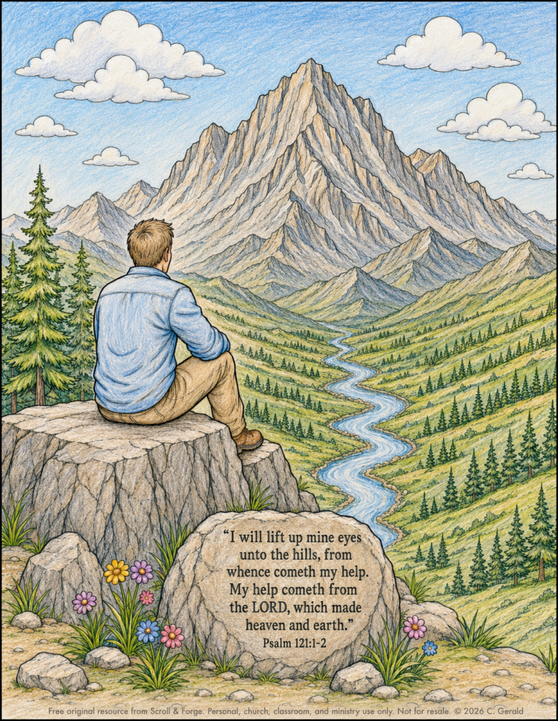 I Will Lift Up Mine Eyes Mountain View in Solitude Christian Coloring&nbsp;Page