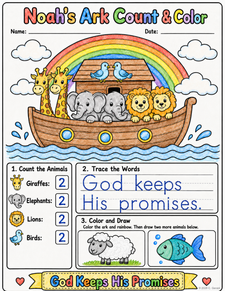 Noah’s Ark Count and Color Christian&nbsp;Worksheet