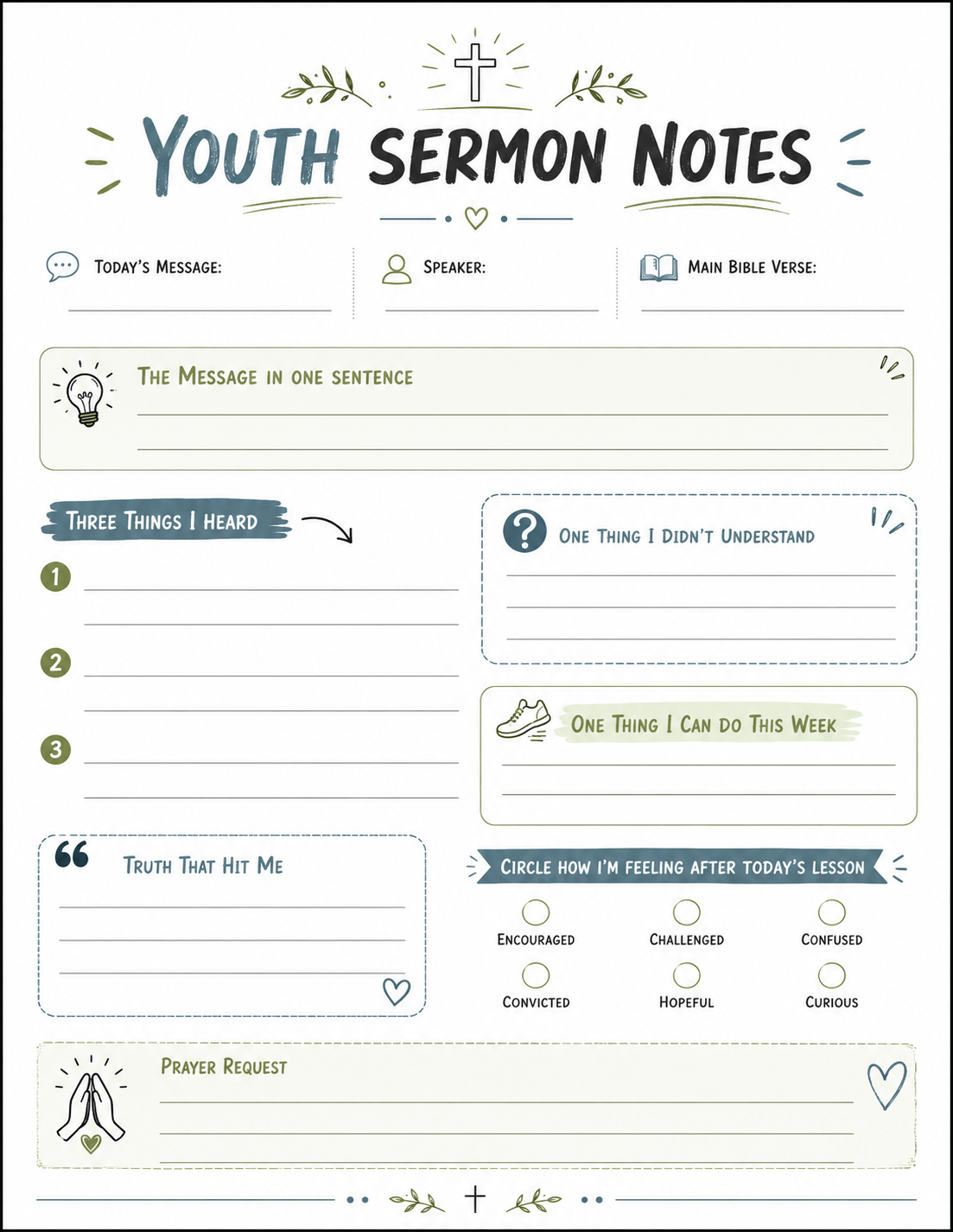Youth Sermon Notes (Blue and Green)&nbsp;Template